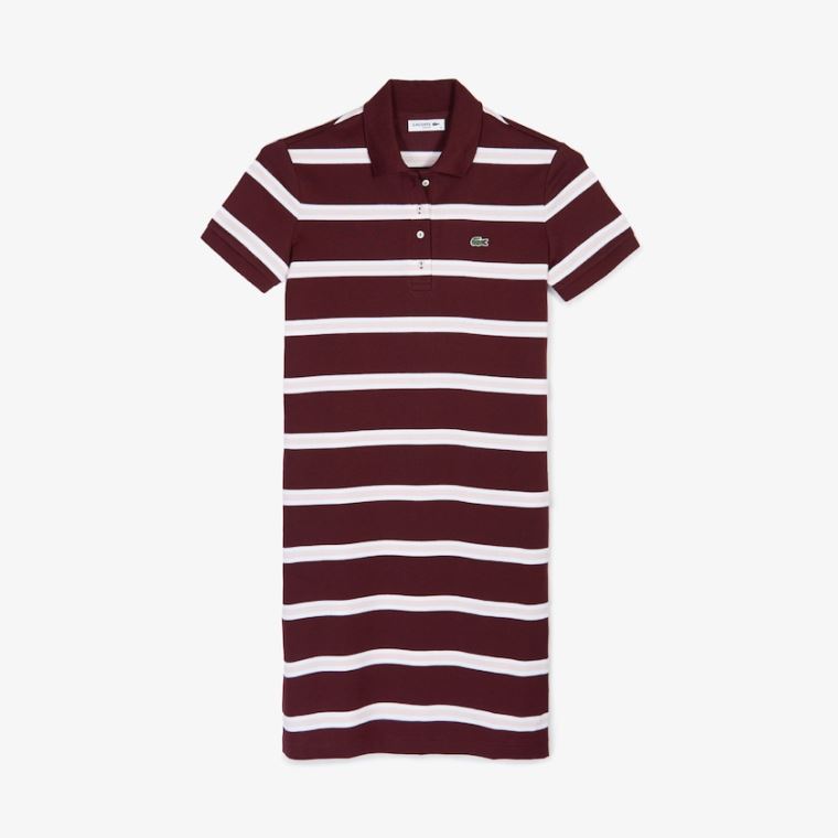 Lacoste Striped Stretch Bomull Polo Kjoler Mørke Rød Lyse Rosa Hvite | LGUTi8ES