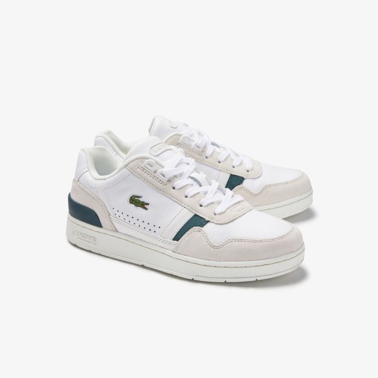 Lacoste T-Clip Lær and Semsket Skinn Sneakers Hvite | W6l5YtOA