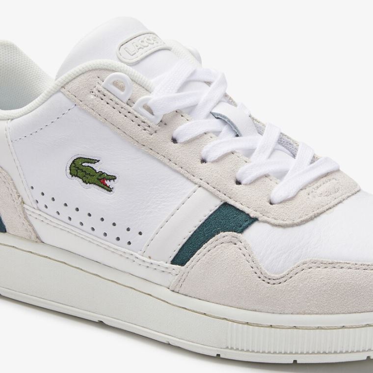 Lacoste T-Clip Lær and Semsket Skinn Sneakers Hvite | W6l5YtOA