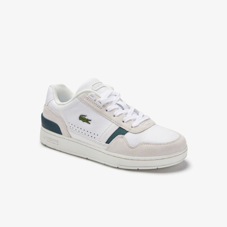 Lacoste T-Clip Lær and Semsket Skinn Sneakers Hvite | W6l5YtOA