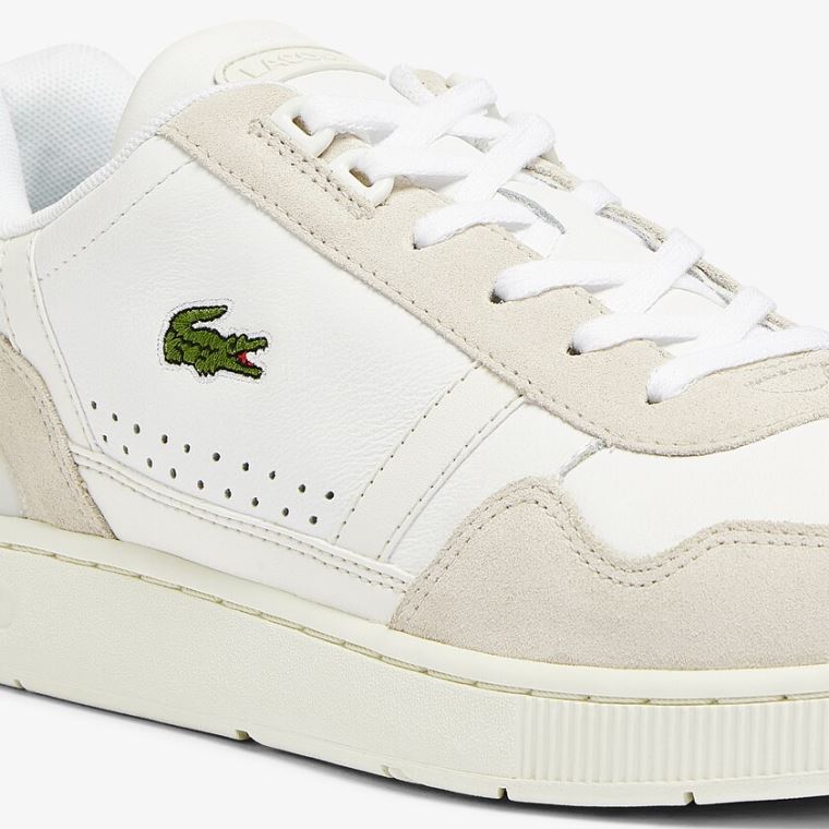 Lacoste T-Clip Lær and Semsket Skinn Sneakers Hvite Grå | rrlIwqio