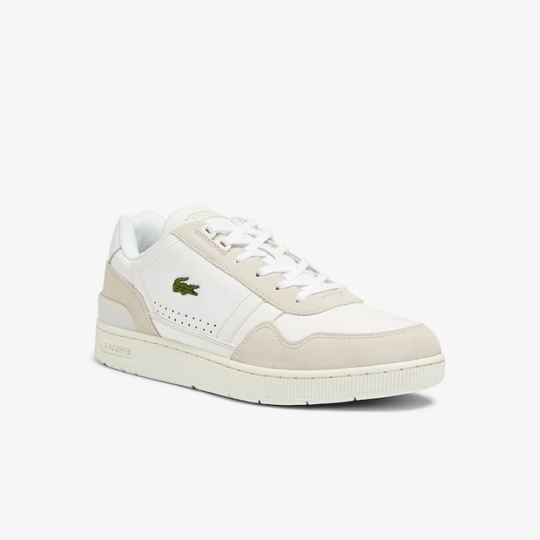 Lacoste T-Clip Lær and Semsket Skinn Sneakers Hvite Grå | rrlIwqio