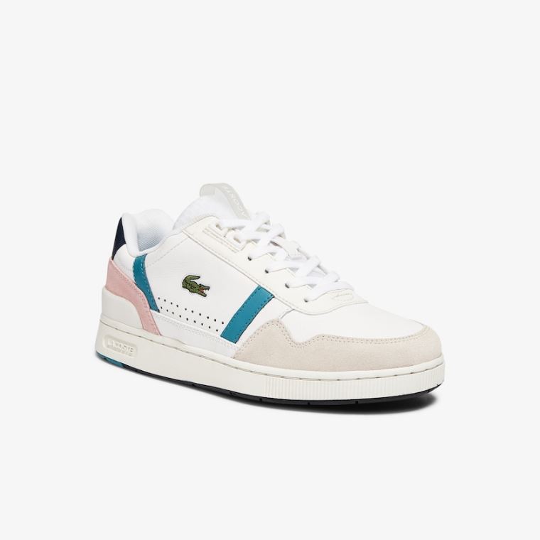 Lacoste T-Clip Lær and Syntetisk Sneakers Hvite Mørke Turkis | Z01JDaXE