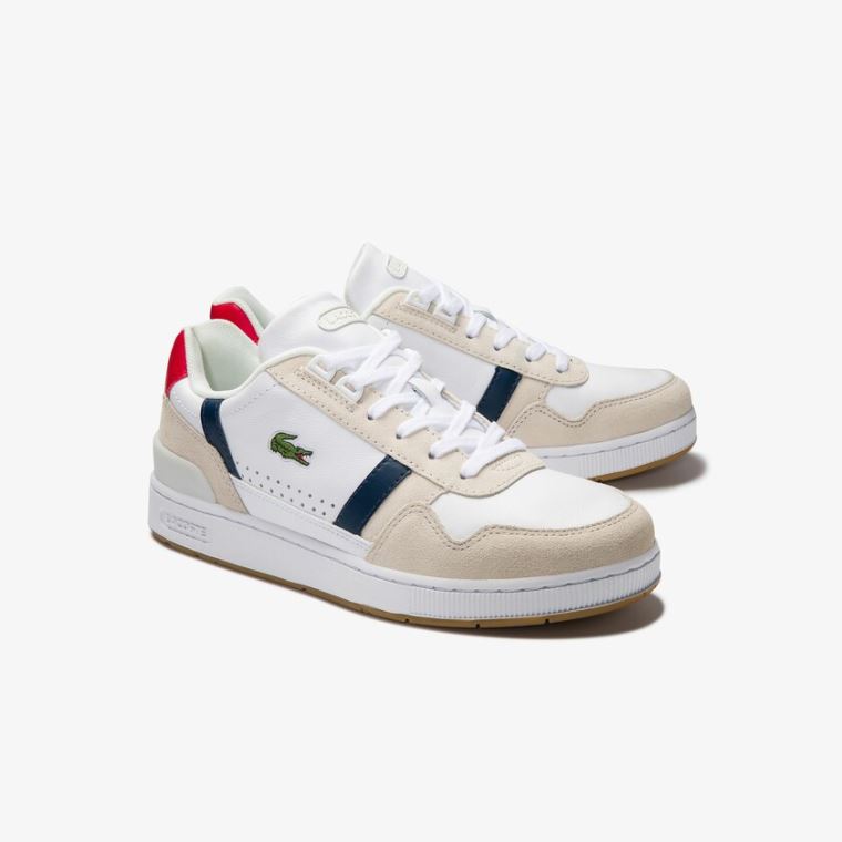 Lacoste T-Clip Tricolour Lær and Semsket Skinn Sneakers Hvite Beige | 5NEUfCwC