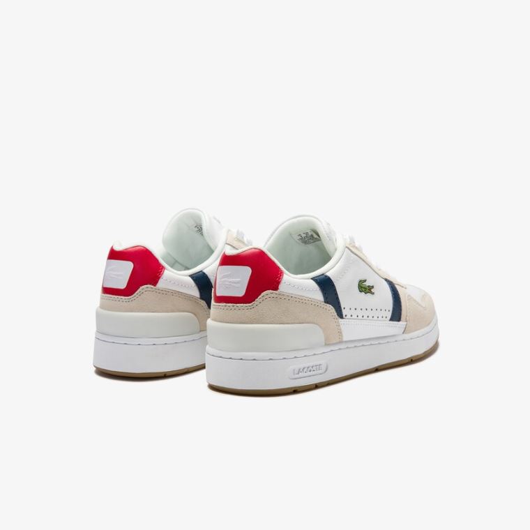 Lacoste T-Clip Tricolour Lær and Semsket Skinn Sneakers Hvite Beige | 5NEUfCwC