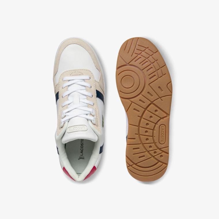 Lacoste T-Clip Tricolour Lær and Semsket Skinn Sneakers Hvite Beige | 5NEUfCwC