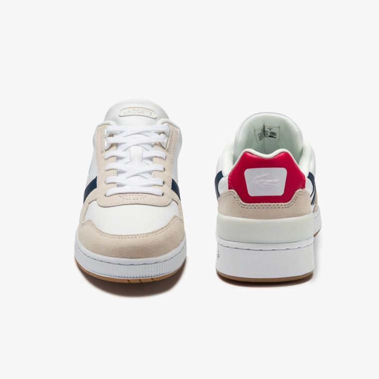 Lacoste T-Clip Tricolour Lær and Semsket Skinn Sneakers Hvite Beige | 5NEUfCwC