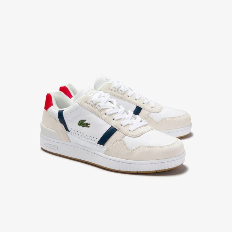 Lacoste T-Clip Tricolour Lær and Semsket Skinn Sneakers Hvite Beige | SPasmqdr