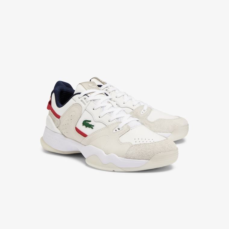 Lacoste T-Point Lær and Semsket Skinn Sneakers Hvite Beige | fjx2XRUp