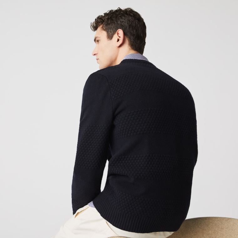 Lacoste Textured Striped Wool-Blend Genser Marineblå Blå | 5OTjlGPQ