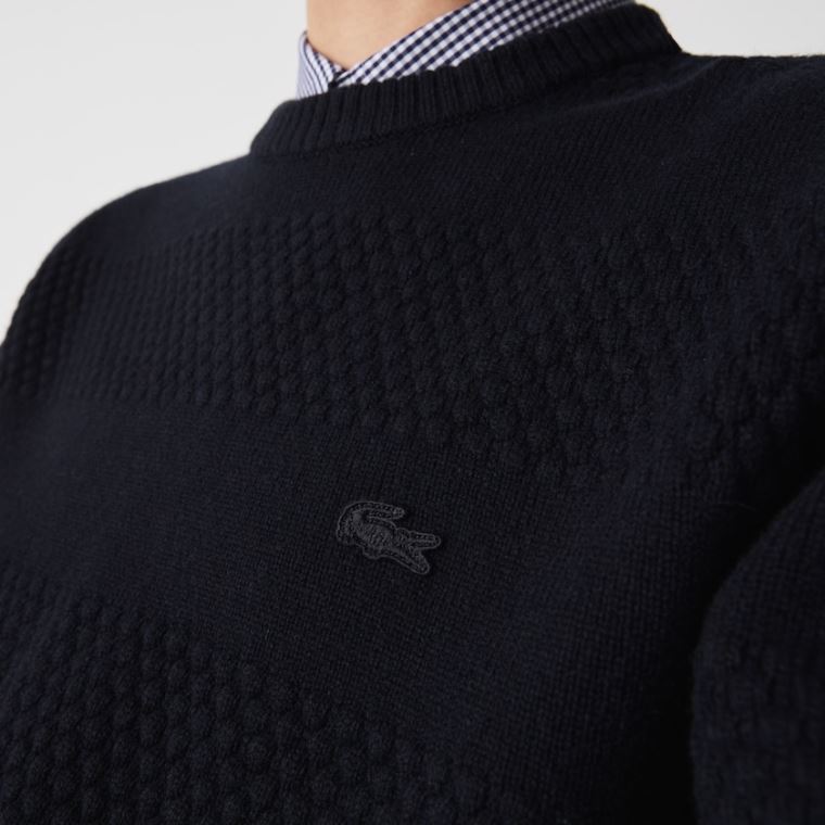 Lacoste Textured Striped Wool-Blend Genser Marineblå Blå | 5OTjlGPQ