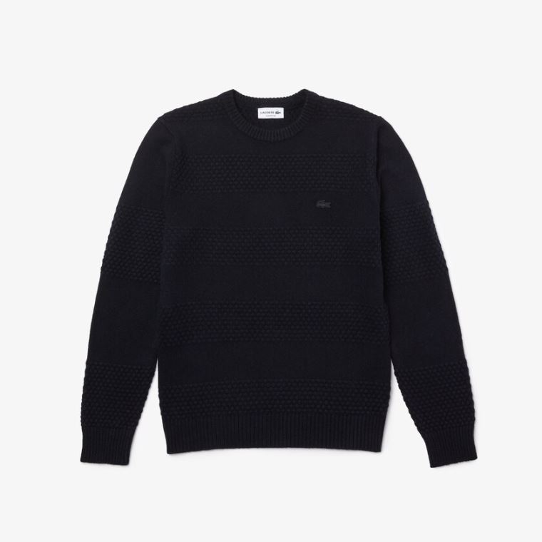 Lacoste Textured Striped Wool-Blend Genser Marineblå Blå | 5OTjlGPQ