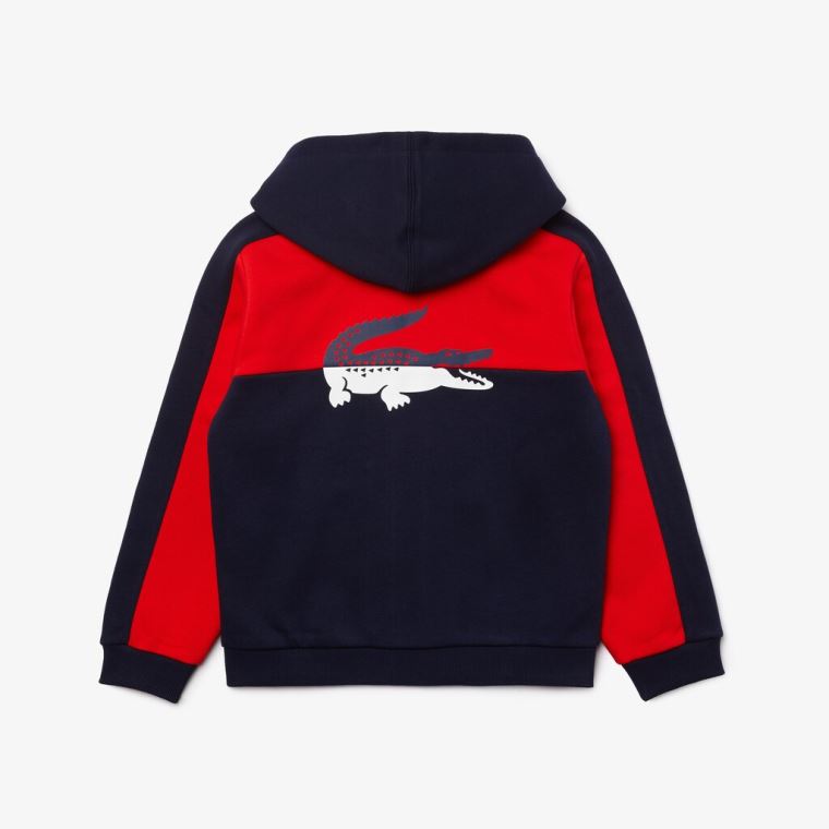 Lacoste Two-Tone Croc-Print Hette Zip Sweatshirt Marineblå Blå Rød | cR0ODvGD