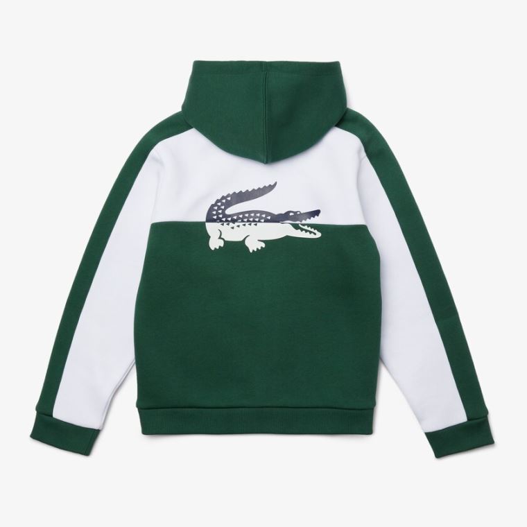 Lacoste Two-Tone Croc-Print Hette Zip Sweatshirt Hvite Grønn | s9zqavd4