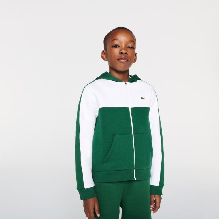 Lacoste Two-Tone Croc-Print Hette Zip Sweatshirt Hvite Grønn | s9zqavd4