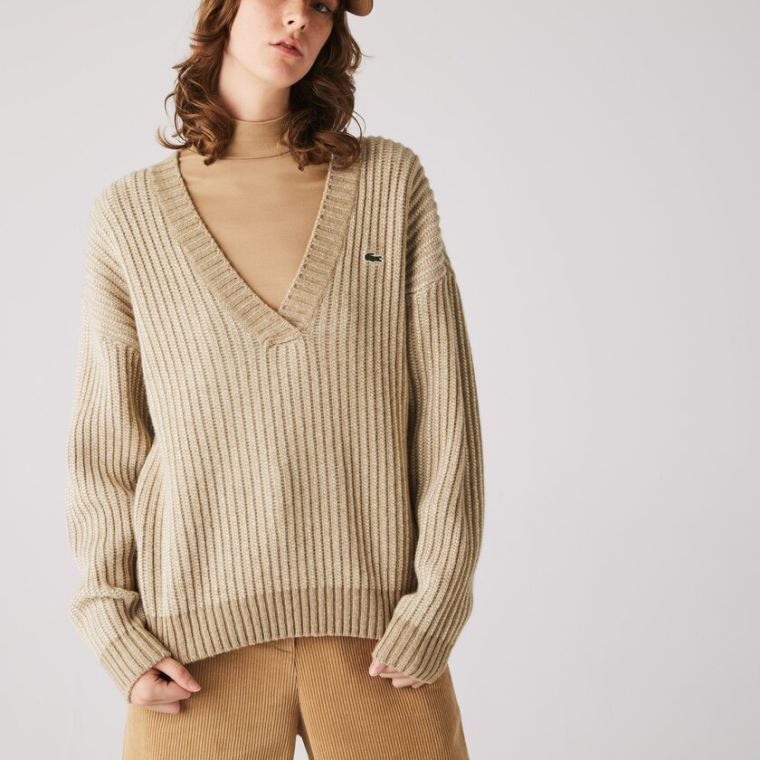 Lacoste Two-Tone Low V-Neck Ribbed Wool Genser Beige | UwnRliSG