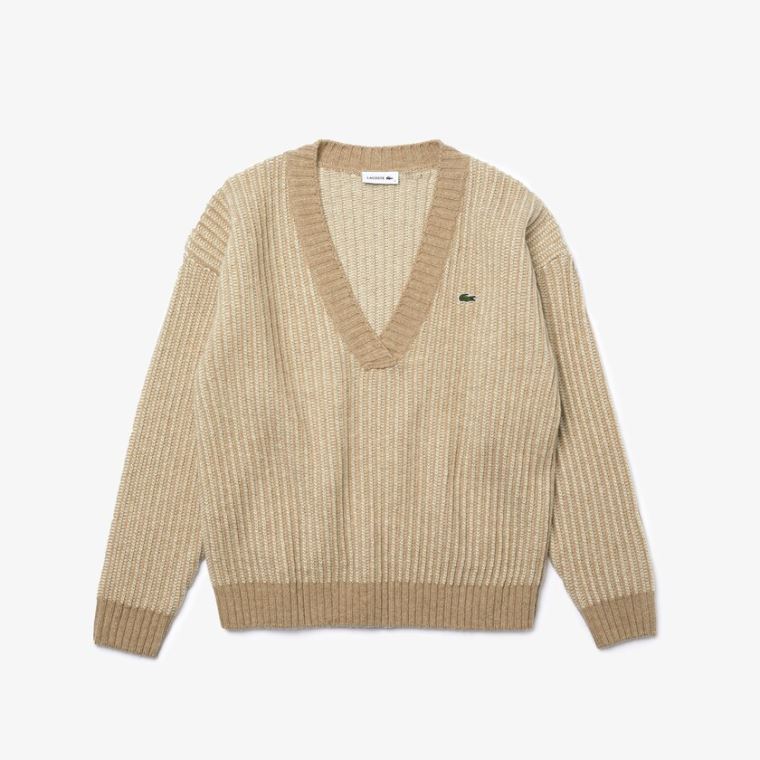 Lacoste Two-Tone Low V-Neck Ribbed Wool Genser Beige | UwnRliSG