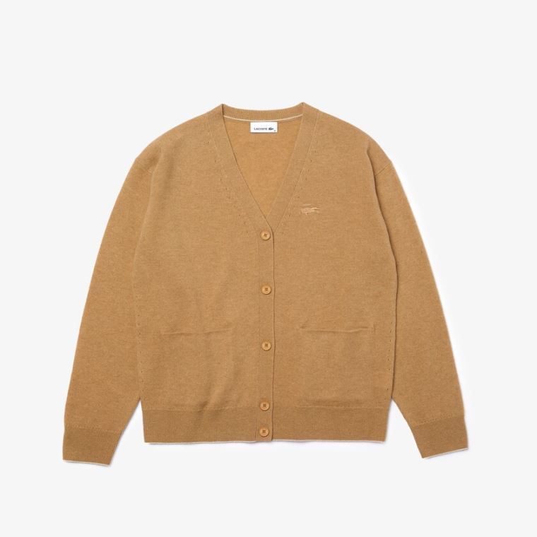 Lacoste V-Neck Buttoned Wool Cardigan Beige | ZHojEQuU