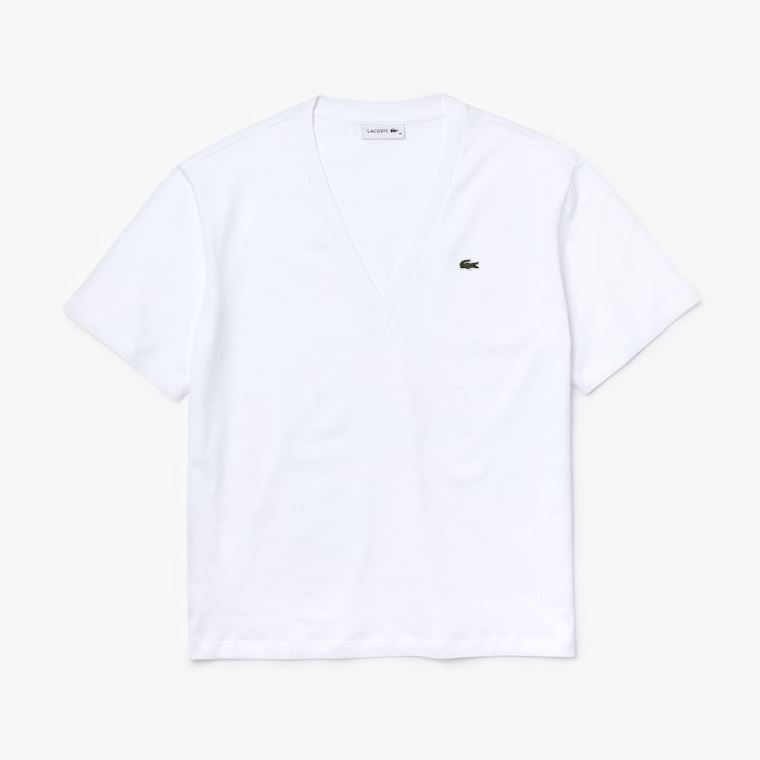 Lacoste V-Neck Premium Bomull T-shirt Hvite | EeOc5JhP