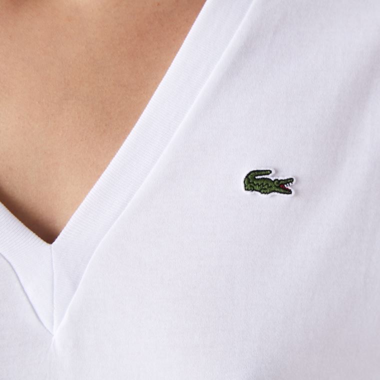 Lacoste V-Neck Premium Bomull T-shirt Hvite | EeOc5JhP