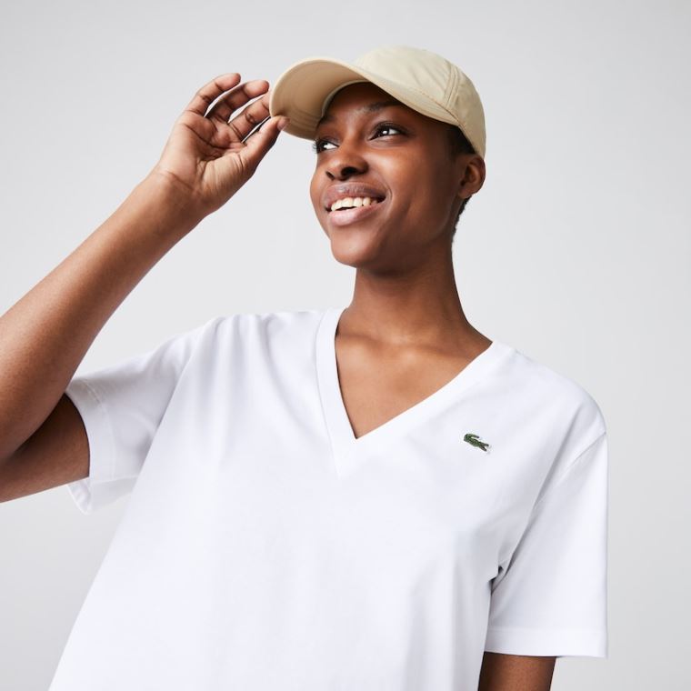 Lacoste V-Neck Premium Bomull T-shirt Hvite | EeOc5JhP