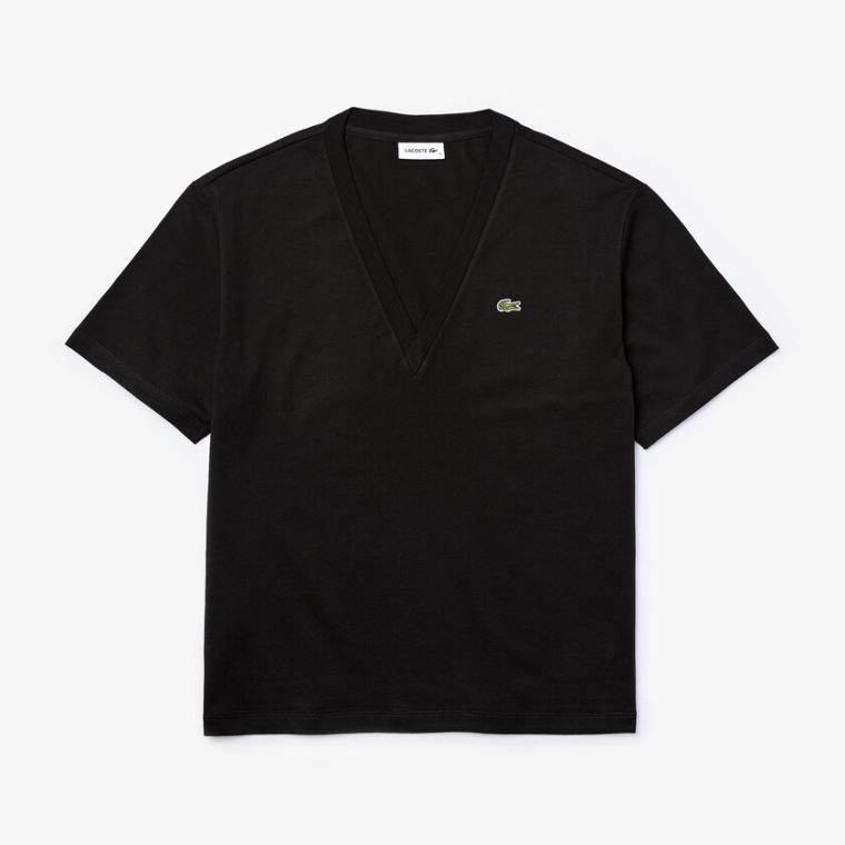 Lacoste V-Neck Premium Bomull T-shirt Svarte | SiSzljvi