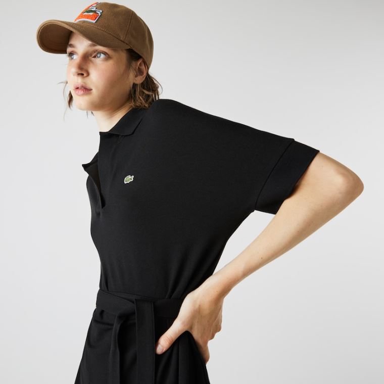 Lacoste V-neck Fitted Flowy Piqué Polo Kjoler Svarte | x22sEViL