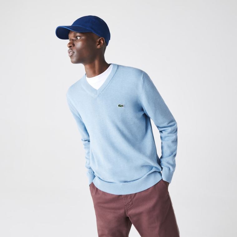 Lacoste V-neck Organic Bomull Genser Blå | l5HxaZM8