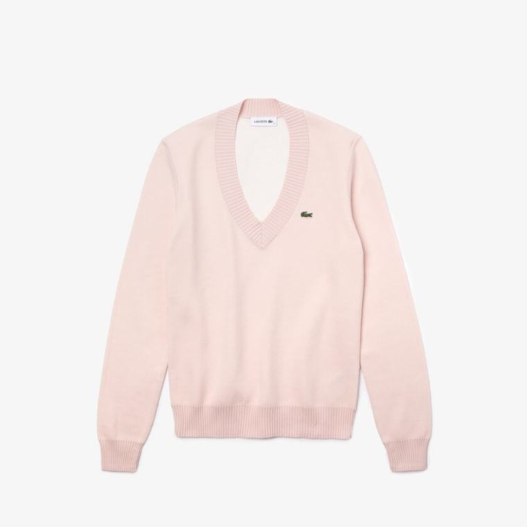 Lacoste V-neck Organic Bomull Genser Lyse Rosa Hvite | 5KDBGsJL