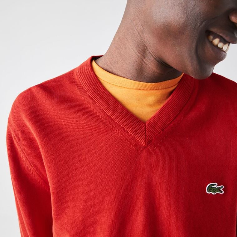 Lacoste V-neck Organic Bomull Genser Rød | wnTP9urk