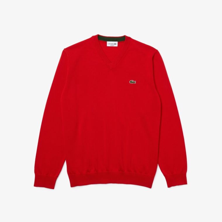 Lacoste V-neck Organic Bomull Genser Rød | wnTP9urk