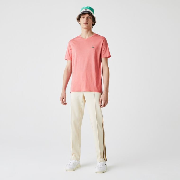 Lacoste V-neck Pima Bomull Jersey T-shirt Rosa | 6NGAeOQH