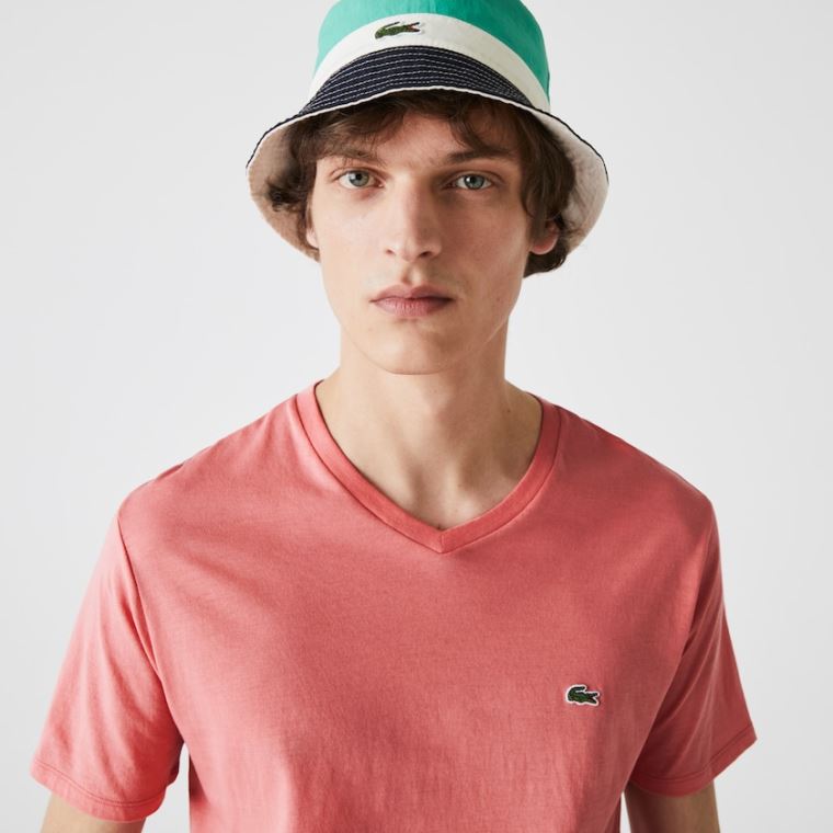 Lacoste V-neck Pima Bomull Jersey T-shirt Rosa | 6NGAeOQH