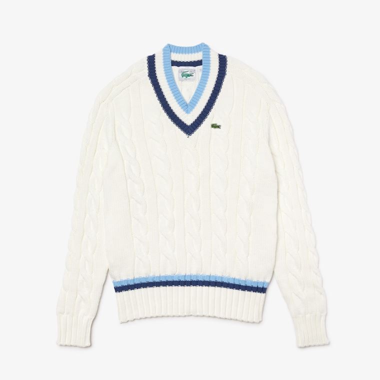 Lacoste V-neck Striped-Trim Cable-Knit Genser Hvite Blå | RXqCFSF4