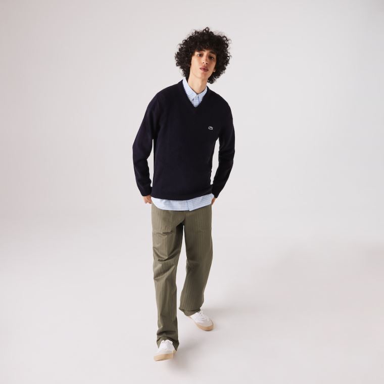 Lacoste V-neck Wool Genser Marineblå Blå | IYZsc9di