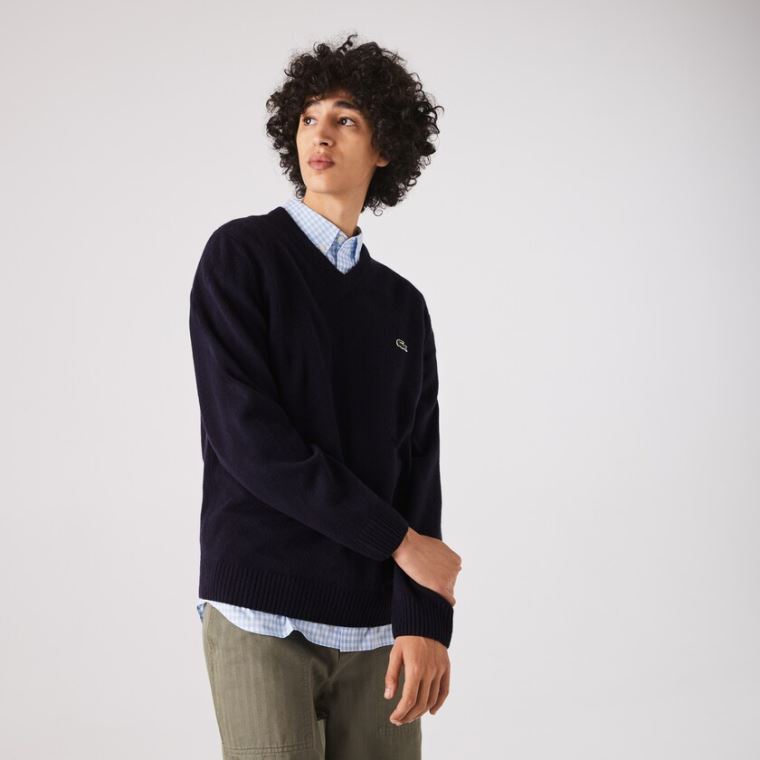 Lacoste V-neck Wool Genser Marineblå Blå | IYZsc9di