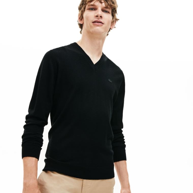 Lacoste V-neck Wool Jersey Genser Svarte | fvmcd8AJ