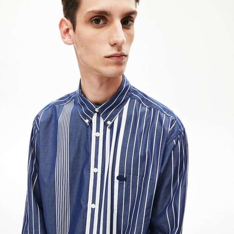 Lacoste Variegated-Stripe Relaxed Bomull Shirt Marineblå Blå Hvite | owoKZ8nz