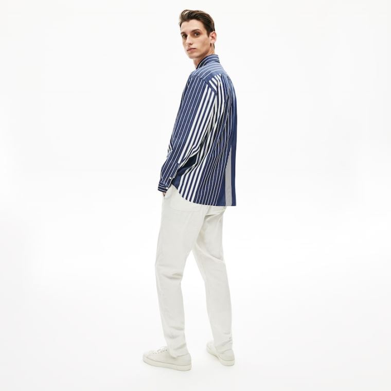 Lacoste Variegated-Stripe Relaxed Bomull Shirt Marineblå Blå Hvite | owoKZ8nz