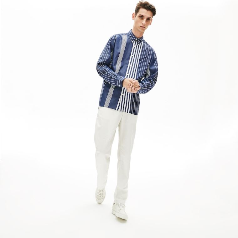 Lacoste Variegated-Stripe Relaxed Bomull Shirt Marineblå Blå Hvite | owoKZ8nz