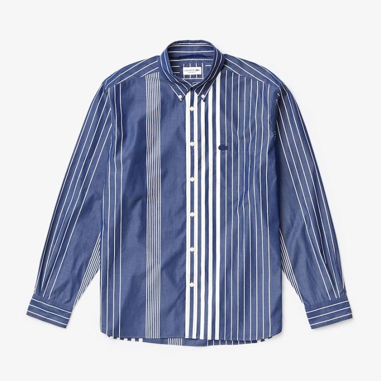 Lacoste Variegated-Stripe Relaxed Bomull Shirt Marineblå Blå Hvite | owoKZ8nz