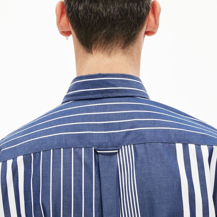 Lacoste Variegated-Stripe Relaxed Bomull Shirt Marineblå Blå Hvite | owoKZ8nz