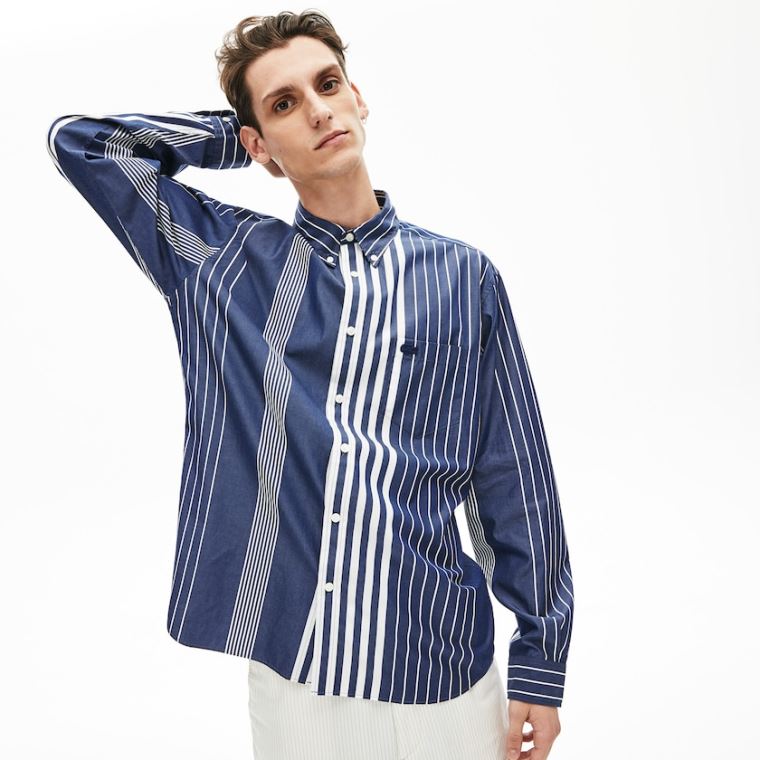 Lacoste Variegated-Stripe Relaxed Bomull Shirt Marineblå Blå Hvite | owoKZ8nz