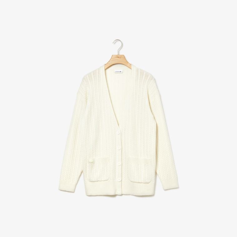 Lacoste Wool And Cashmere Blend Cable Knit Cardigan Hvite | Ey0fQevu