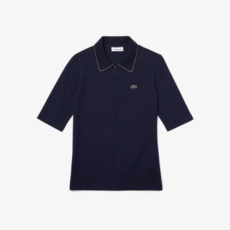 Lacoste Zippered Slim Fit Bomull Piqué Polo Shirt Marineblå Blå Hvite | XxrxUQ2D