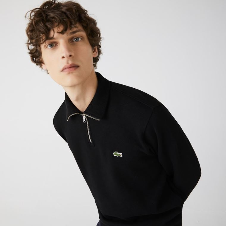 Lacoste Zippered Stand-Up Collar Bomull Sweatshirt Svarte | AGdiUl2v