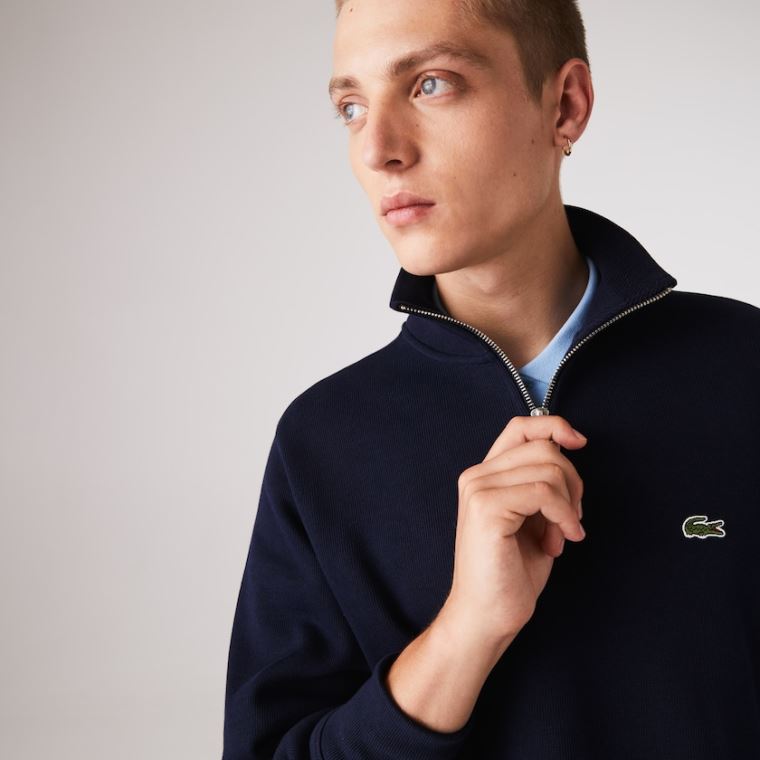 Lacoste Zippered Stand-Up Collar Bomull Sweatshirt Marineblå Blå | UW8UgnGV