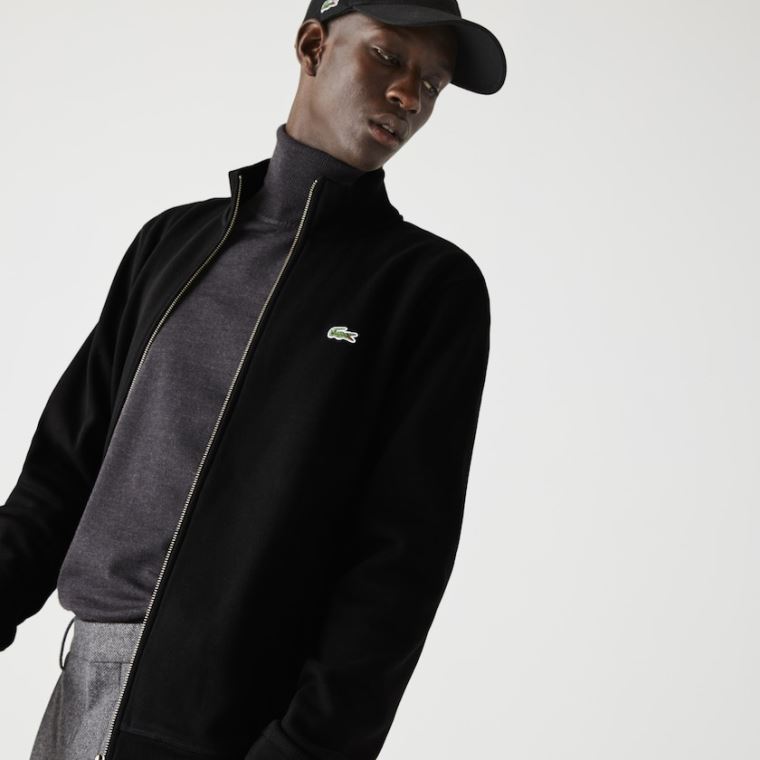 Lacoste Zippered Stand-Up Collar Piqué Fleece Jacket Svarte | XQBxEte3