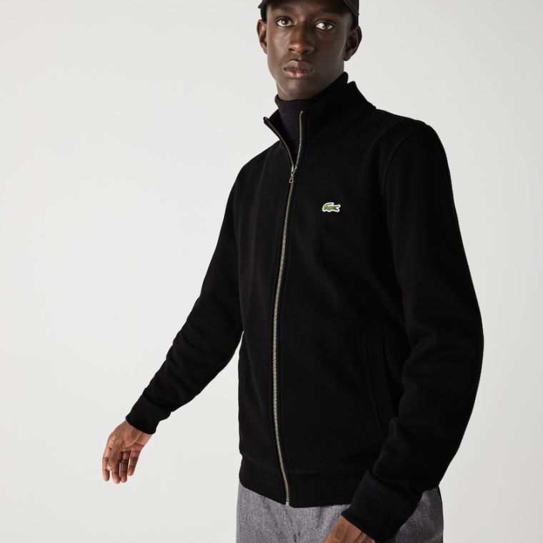 Lacoste Zippered Stand-Up Collar Piqué Fleece Jacket Svarte | XQBxEte3