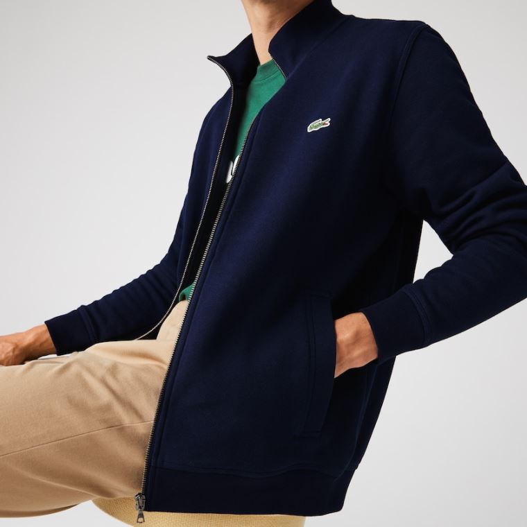 Lacoste Zippered Stand-Up Collar Piqué Fleece Jacket Marineblå Blå | wqRok36J